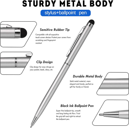 15 Pack Stylus Pens for Touch Screens Stylus Pen Compatible with Phone Tablets Kindle and Black Ink Ballpoint Pens-2 in 1 Stylists pens for Touch Screens (Silver)