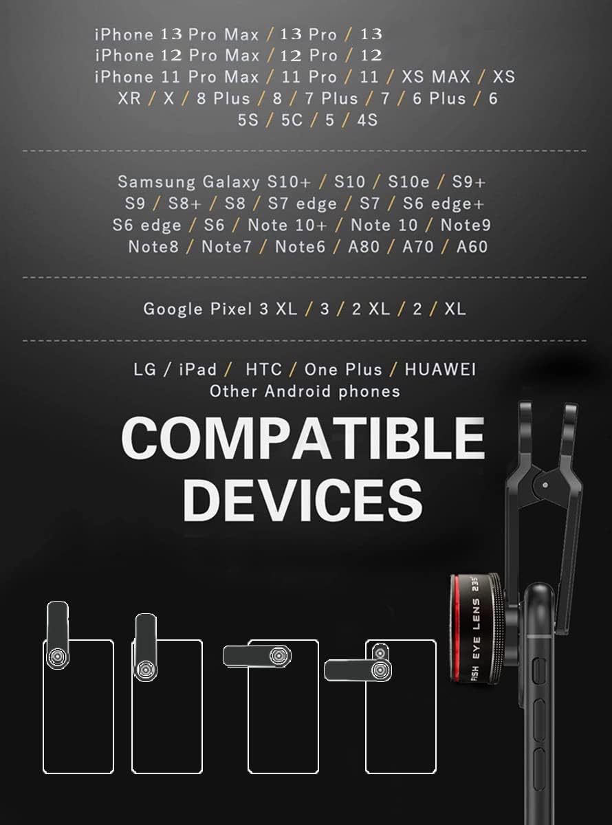 Phone Camera Lens, Clip on Cell HD Phone Fisheye Lens kit, 235° Fisheye Lens ，for Most iPhone Android Samsung Phones and Smartphones