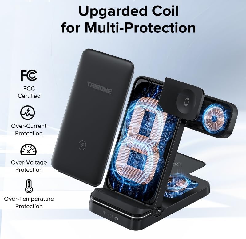 Wireless Charger, Tribone 3 in 1 Foldable Fast Charger for iPhone 17 16 15 14 13 12 11 Pro Max XR XS 8 Plus，for Apple Watch 10 9 8 7 6 5 4 3 2 SE Ultra,for AirPods Pro 4 3 2, Black