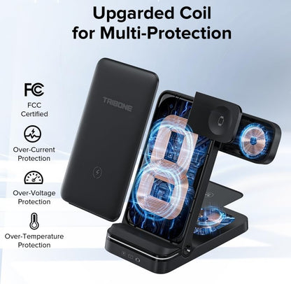 Wireless Charger, Tribone 3 in 1 Foldable Fast Charger for iPhone 17 16 15 14 13 12 11 Pro Max XR XS 8 Plus，for Apple Watch 10 9 8 7 6 5 4 3 2 SE Ultra,for AirPods Pro 4 3 2, Black