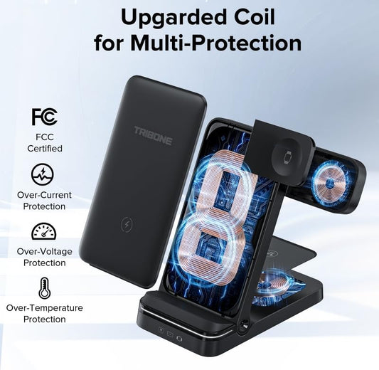 Wireless Charger, Tribone 3 in 1 Foldable Fast Charger for iPhone 17 16 15 14 13 12 11 Pro Max XR XS 8 Plus，for Apple Watch 10 9 8 7 6 5 4 3 2 SE Ultra,for AirPods Pro 4 3 2, Black