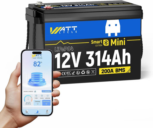 12V 314Ah Mini LiFePO4 Lithium Battery with Bluetooth 5.0, 200A BMS, 4.01kWh Energy, Upgraded Aluminum Cooling Fins & Braided Copper Wires, for RV, Marine, 300ah + LiFePO4 Battery