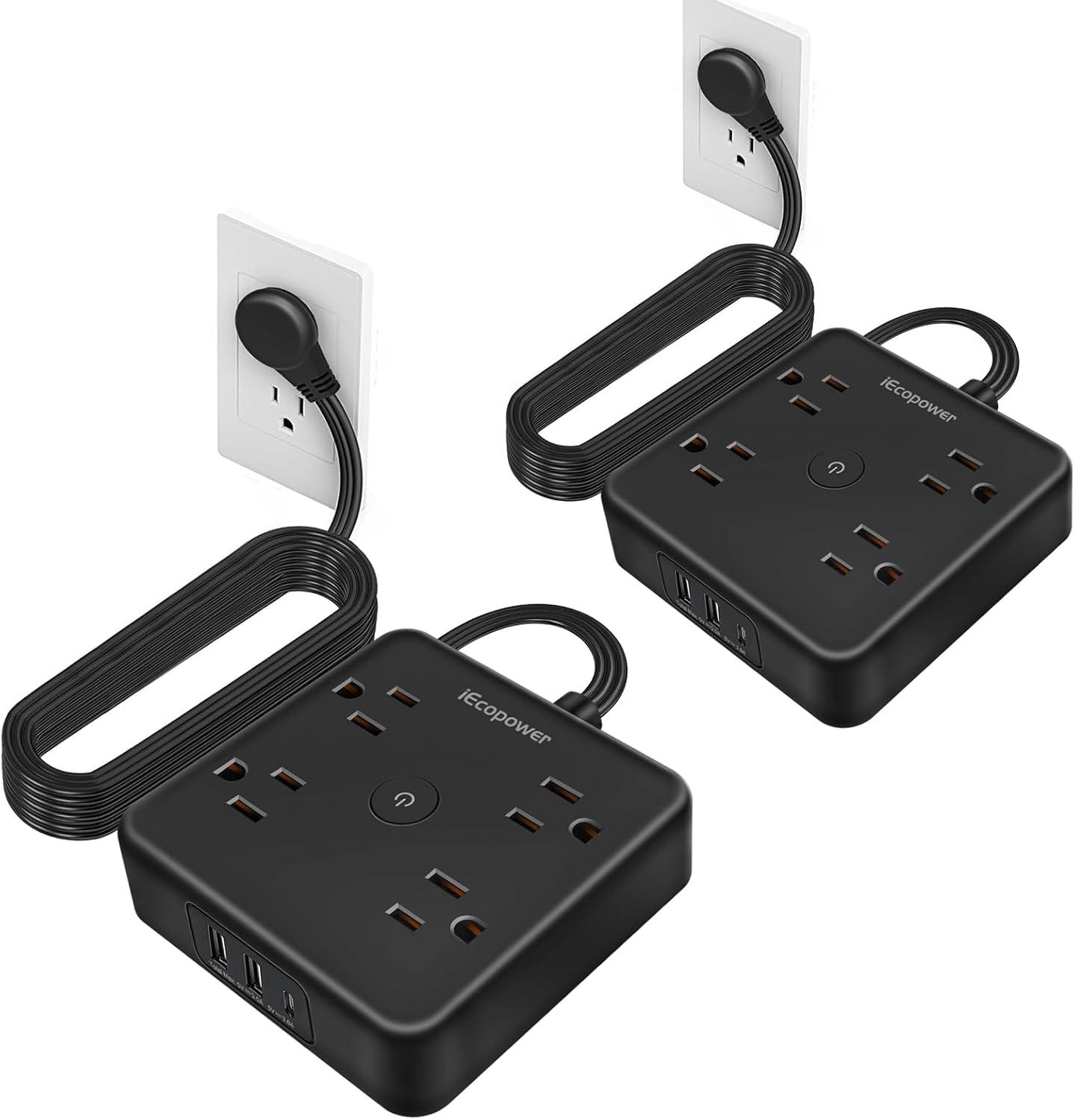Surge Protector Power Strip 15 ft Cord,Long Power Strip with 4 Widely Outlets, Thin Extension Cord with 3 USB Ports(1 USB C Port),Slim Desk Charging Station,Black(2 Pack)