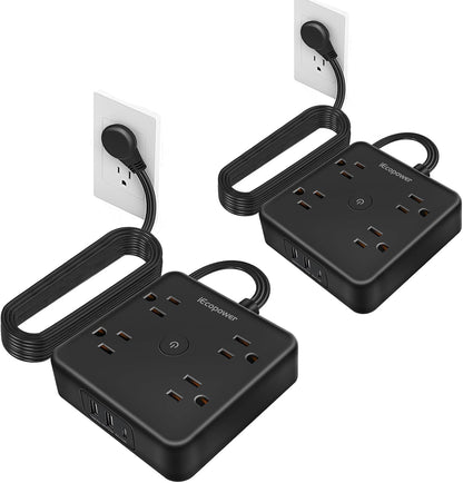 Surge Protector Power Strip 15 ft Cord,Long Power Strip with 4 Widely Outlets, Thin Extension Cord with 3 USB Ports(1 USB C Port),Slim Desk Charging Station,Black(2 Pack)