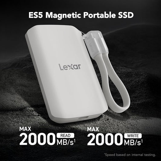Lexar 2TB ES5 Magnetic External SSD, Up to 2000MB/s, Compatible w/MagSafe, USB-C Smartphones, iPhone 15/16 or Above, PC, Mac, Supports Apple ProRes & Samsung Pro Video, Silver (LES5XXX002T-RNWNU)