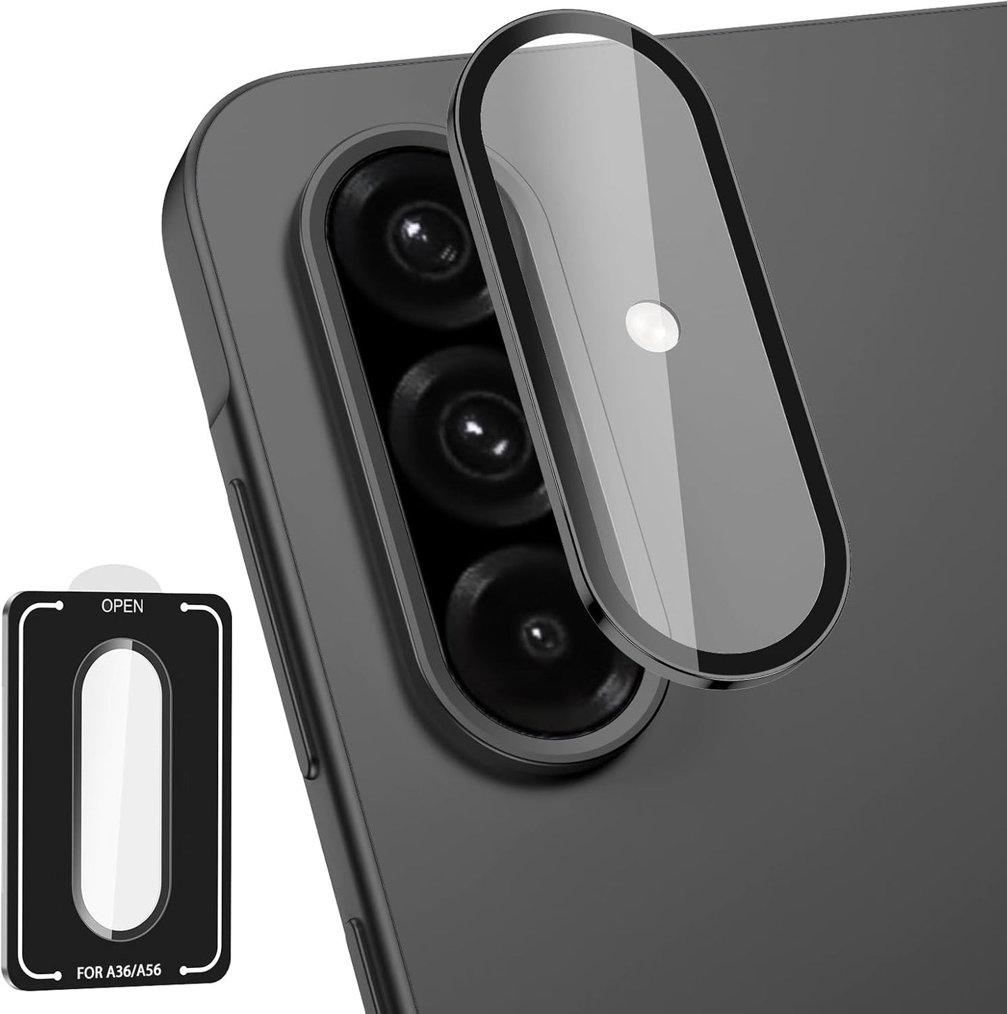 for Samsung Galaxy A36/A56 Camera Lens Protector, Individual Metal Ring Tempered Glass Lens Cover, [Strong Adsorption] Scratch Resistant Ultra-Thin HD Clear Lens Cover, 1 Set-Black