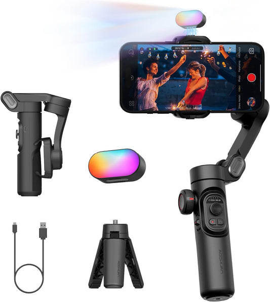 3-Axis Gimbal Stabilizer for Smartphone with RGB Magnetic Fill Light Upgraded Face Tracking Focus Wheel Foldable iPhone Gimbal for iPhone/Android Phone Stabilizer Vlog Recording Smart XE Kit