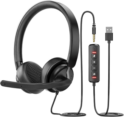 USB Headset with Microphone for PC, Computer Headset with Noise Canceling Microphone for PC Laptop, in Line Mute Controls, Wired Headset for Work from Home/Office/Call Center/Teams/Zoom