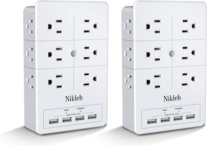 Surge Protector Nikleb 2-Pack, Multi Outlet Plug with 4 USB, Wall Charger Box Multiports Total 4.8A, Electrical Outlet Splitter, Plugs for Outlets Wall Mount, USB Power Adapter Low Profile