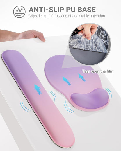 Ergonomic Mouse Pad Wrist Support Set, Memory Foam Keyboard Wrist Rest Set, Keyboard Pad, Non-Slip Base Mousepad(Gradient Pink Purple Set)