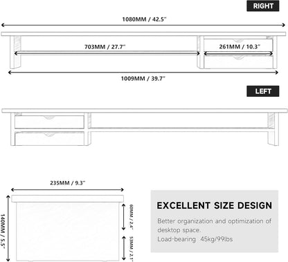 Fenge Monitor Stand, Dual Monitor Riser, 42.5inch Large Desk Computer Monitor Stand Riser with Drawer, 2 Tier Wood & Acrylic Desktop Organizer for Computer, Laptop, Printer, TV Screen Riser