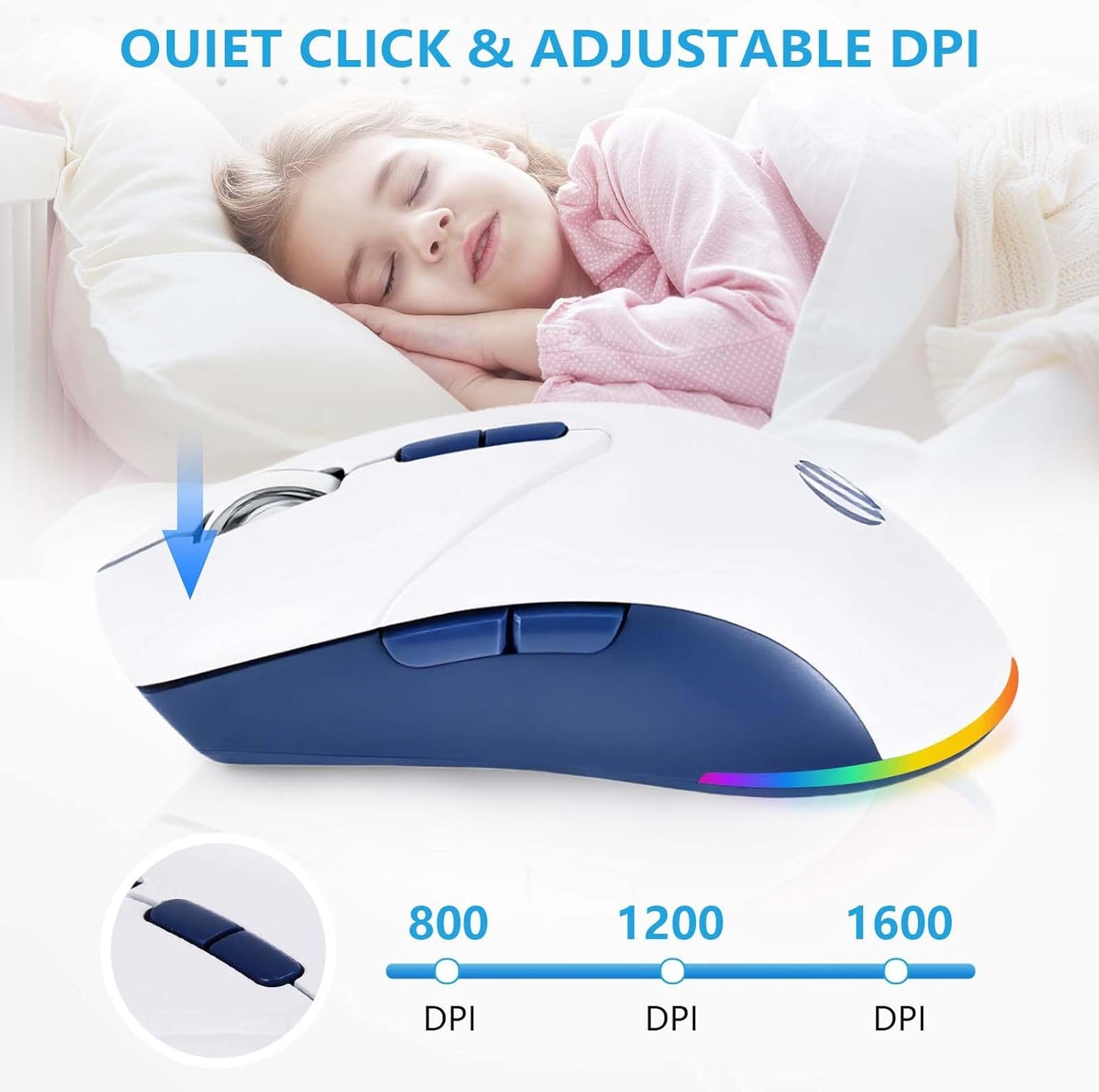 Wireless Bluetooth Mouse, 2.4G and Bluetooth 5.2 Ergonomic Rechargeable USB Optical Mouse, 3 Adjustment DPI，1600 DPI Dual Mode Silent Wireless Mouse for Mac，Laptop, PC, Windows.(White)