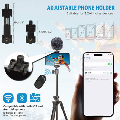 Phone Tripod, Arsoer 67" Adjustable Height Tripod with Horizontal Column and Removable Clip Mount for Overhead Shot, 360° Rotation Stand with Wireless Remote/Carry Bag for iPhone/Webcam