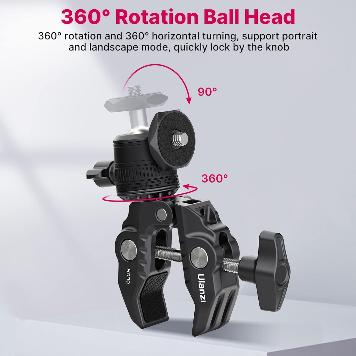 ULANZI R099 Super Clamp Camera Mount with 360° Ballhead for Bike/Bicycle/Motorcycle Handlebar Pole Tripod Tube Crossbar Gimbal Rods Mount for Insta360/GoPro/AKASO/DJI/Phone/DSLR/Light/Monitor