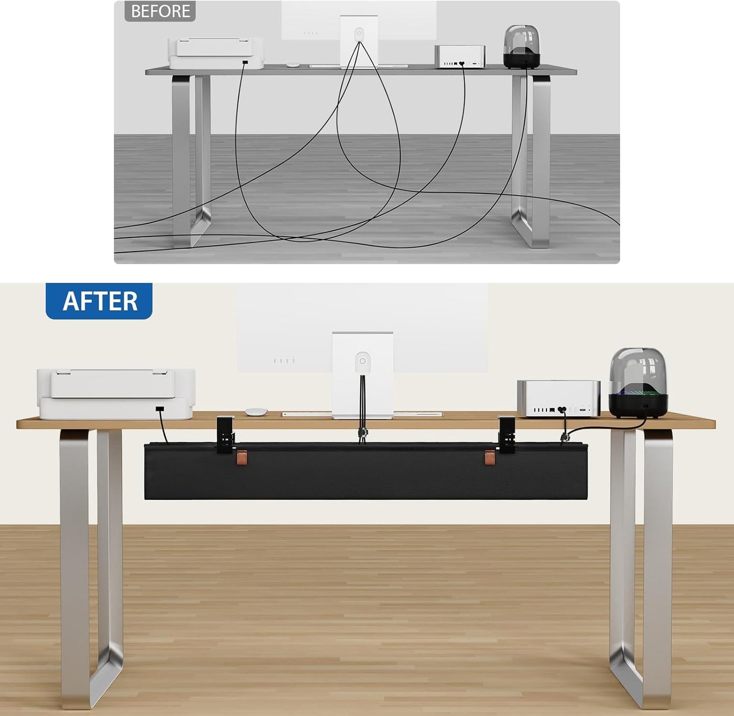 Zilink No Dril Under Desk Cable Management Tray 40" Cord Organizer for Table Clamp/Screw Mount Premium Fabric Cable Management Tray for Home Office Gaming Desk