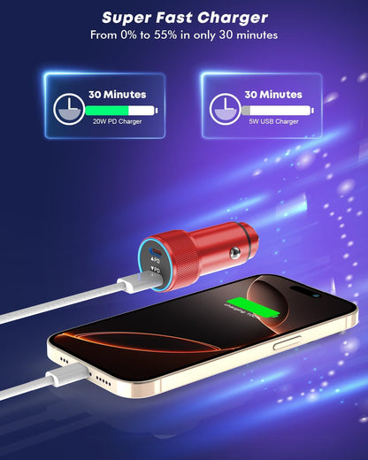 Fast Car Charger for iPhone 16,USB C Charging iPhone 2Pack Dual USB C Port Car Charger Block Cigarette Lighter Adapter Plug with Woven Braided USB C to USB C Cord for iPhone 16/16 Pro/15/iPad(Red)