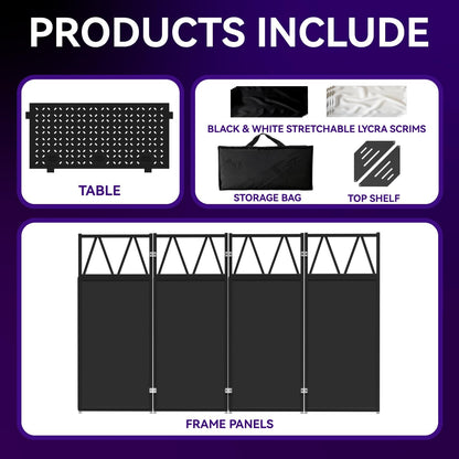Portable DJ Booth Table,Foldable DJ Table Stand Portable with White & Black Scrim,Adjustable DJ Facade Table Station Triangle Plate Metal Frame DJ Table with Cable Hole for Private Events, Clubs, Bars