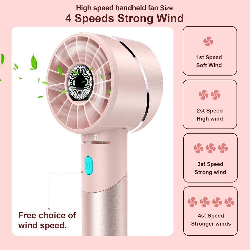 Handheld Fan, Mini Small Portable Turbo Fan, USB Type-C Rechargeable with 4 High Speeds Personal Fans, Max 16 Hours Working Time, Small Hand Fan for Travel, Camping, Office, Home, Outdoor - Pink