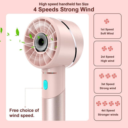 Handheld Fan, Mini Small Portable Turbo Fan, USB Type-C Rechargeable with 4 High Speeds Personal Fans, Max 16 Hours Working Time, Small Hand Fan for Travel, Camping, Office, Home, Outdoor - Pink