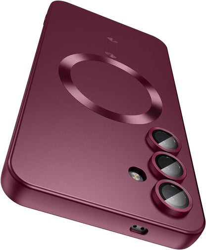 Magnetic for Samsung Galaxy S24 Case [Compatible with MagSafe][Built-in Camera Lens Protector] Slim Soft Silicone Bumper Shockproof Metallic Luster Phone Case (Burgundy)