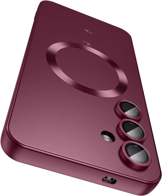 Magnetic for Samsung Galaxy S24 Case [Compatible with MagSafe][Built-in Camera Lens Protector] Slim Soft Silicone Bumper Shockproof Metallic Luster Phone Case (Burgundy)