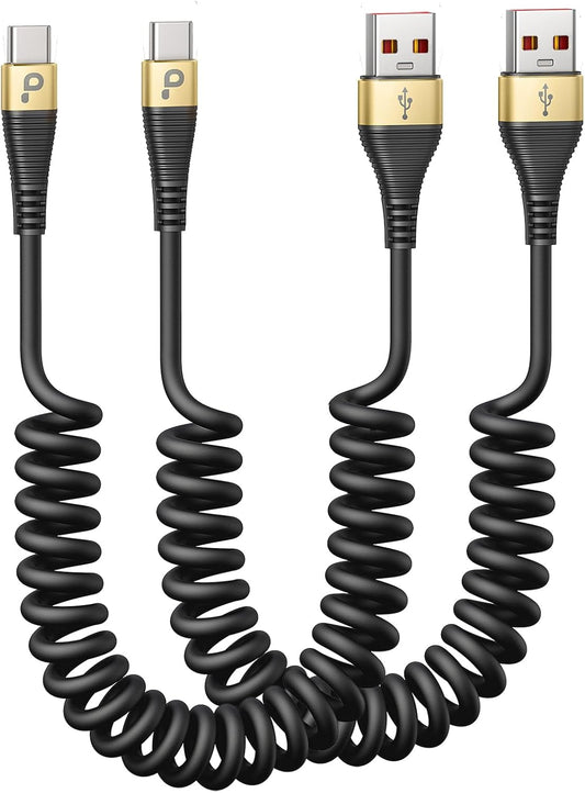 USB C Cable Fast Charging, 2Pack 3ft Coiled USB A to Type C Charge Cord for Car USB-C Charging Cable Compatible with iPhone 16/15/Pro/Samsung Galaxy S20 S10 Plus Note 10 and Other USB C Devices - Gold