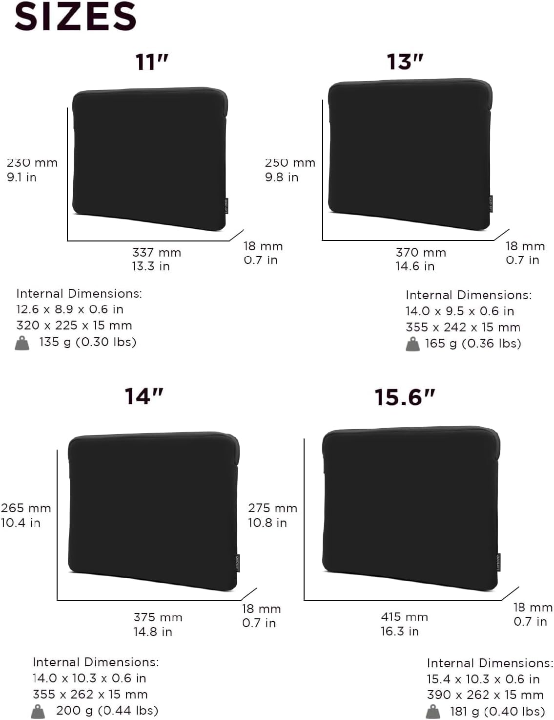 Lenovo Basic Laptop Sleeve 11 Inch Notebook/Tablet Compatible with MacBook Air/Pro Neoprene Material - Soft Fleece Lining - Zippered Top Opening - Black