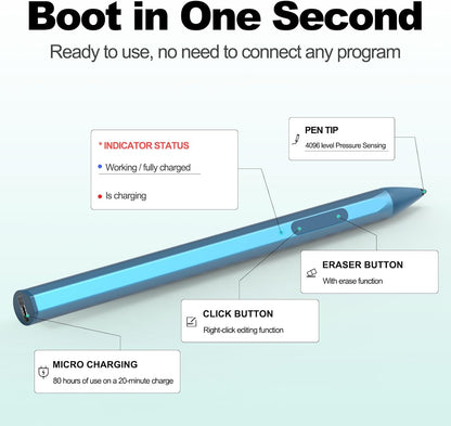 Stylus for HP Envy X360 Pavilion x360 Specter X360 Spectre x2 Envy x2 Touchscreen Laptop Rechargeable MPP 2.0 Tilt Pencil 4096 Pressure Sensitivity Using The Microsoft MPP Protocol,Blue