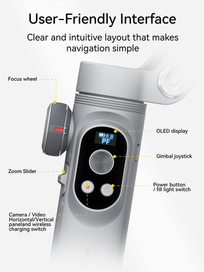 3-Axis Phone Gimbal, Gimbal Stabilizer for iPhone w/AI Vision Sensor, Portable for iPhone/Andriod, Phone Stabilizer Built in Fill Light Perfect for TikTok YouTube-Smart XPro AI Grey