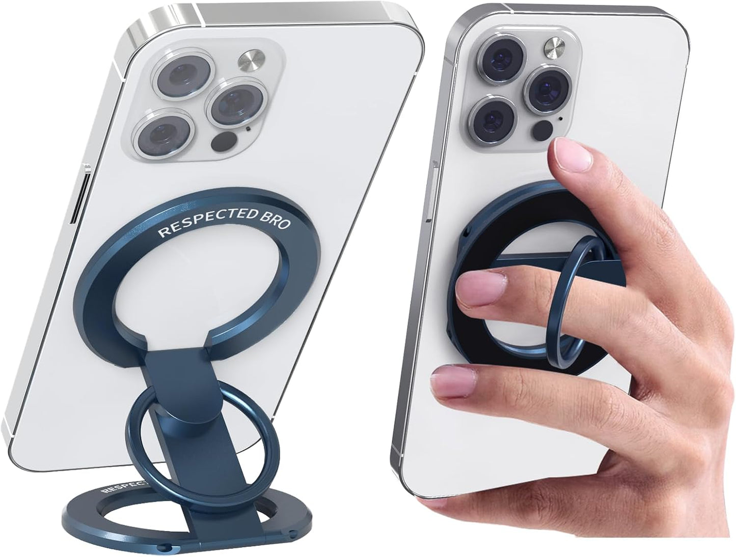 RESPECTED BRO-Magnetic-Phone-Ring-Holder with Dual Rings, Compatible with iPhone 16/15/14/13/12, Multifunctional Stand for Desk,Office,Gym,Kitchen & All Metal Surfaces, Finger Loop Grip (Dark Blue)