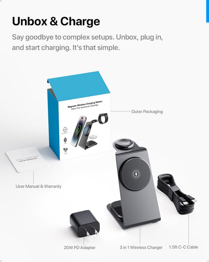 Intoval 3 in 1 Wireless Charging Station for Magsafe, Magnetic Charger for iPhone 16 15 14 13 12 Pro Max, Wireless Charger for Apple Watch 10 Ultra SE 9 8 7 6, for AirPods 4 Pro 2 3 (Silver)
