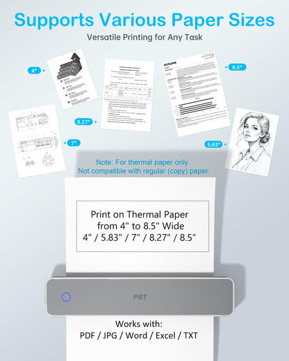 Inkless Portable Printer for Travel, Wireless Thermal Printer Support 8.5 x 11 Inch US Letter A4 B5, Bluetooth Mobile Printers with iOS, Android, Laptop for Home Use, Car, Office, School, Grey