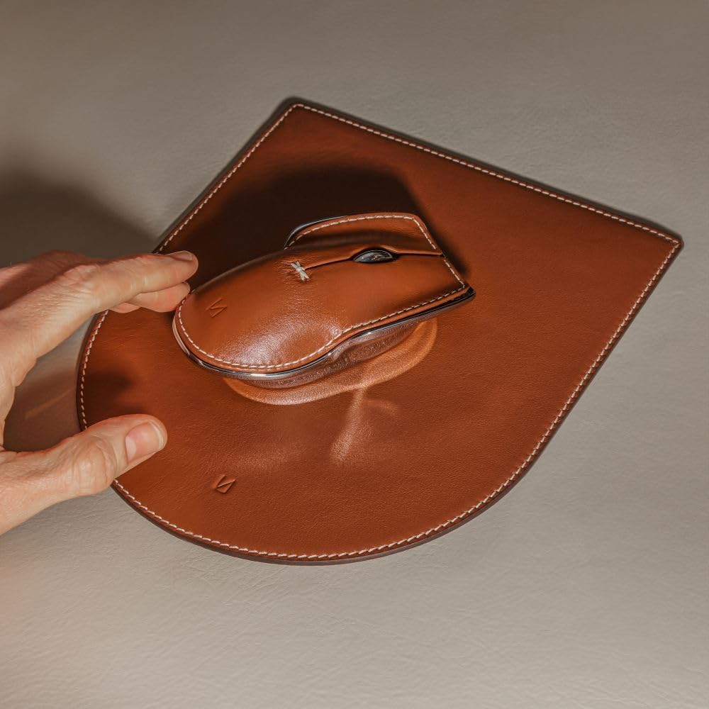 LUNAR ARTEFACTS Ambidextrous Rechargeable Bluetooth Wireless Computer Mouse Brown French Leather and Aluminum, Qi Enabled USB-C