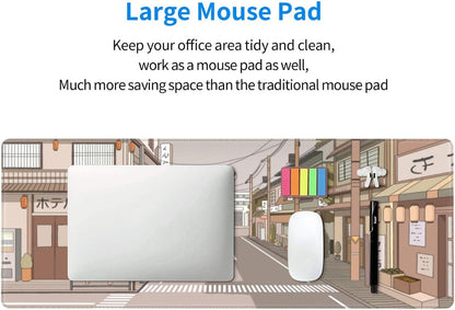 Tokyo Street Anime Kawaii Large Gaming Mousepad XXL Beige Cute Desktop Laptop Keyboard Mouse Mat Desk Pad Big 31.5''x15.7'' with Stitched Edges Non-Slip Rubber Base