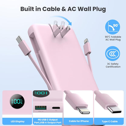 Portable Charger 33800mAh USB C Power Bank with Built-in Cables & AC Wall Plug,25W Fast Charging+QC 4.0 Phone Charger,4 Output LCD Display Battery Pack Compatible with iPhone16/15,Samsung,Android etc