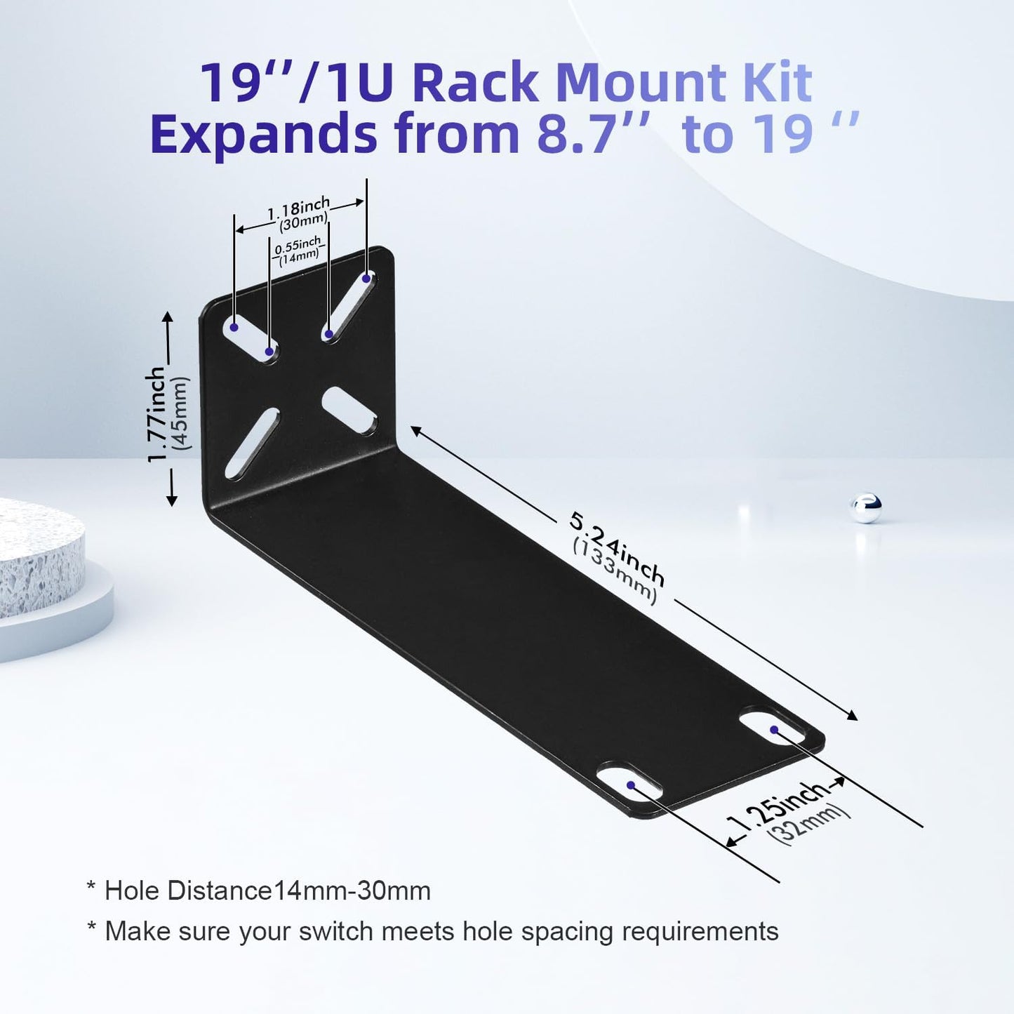 Rack Mount Kit for 8.7 inch Switches, Adjustable Rack Ears for Netgear, Cisco, D-Link, TRENDnet and HP Products, Mount 8.7" Wide to 19" Equipment, Adjustable Hole Distance 14-30mm
