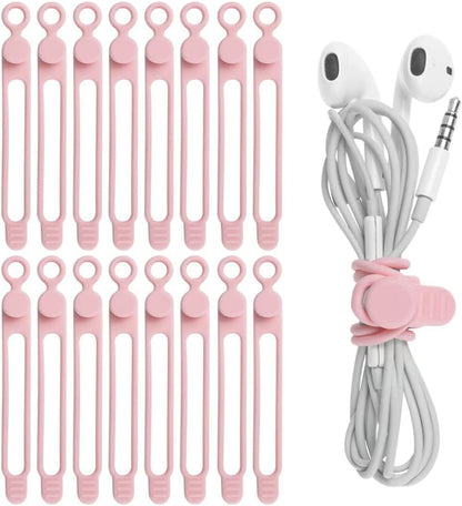 Nearockle 16Pcs Silicone Cable Straps Wire Organizer for Bundling Earphone, Phone Charger, Computer Cords, Reusable Cable Ties Cord Organizer in Home,Office,Kitchen,School(Pink)