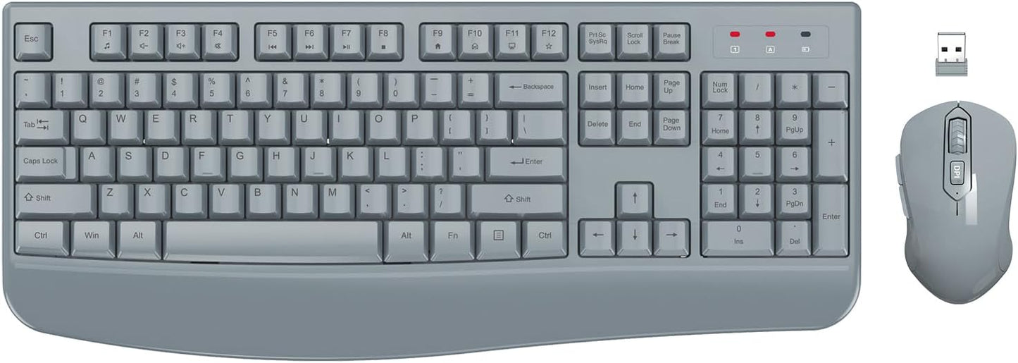 Wireless Keyboard and Mouse Combo, EDJO 2.4G Full-Sized Ergonomic Computer Keyboard with Wrist Rest and 3 Level DPI Adjustable Wireless Mouse for Windows, Mac OS Desktop/Laptop/PC(Grey)