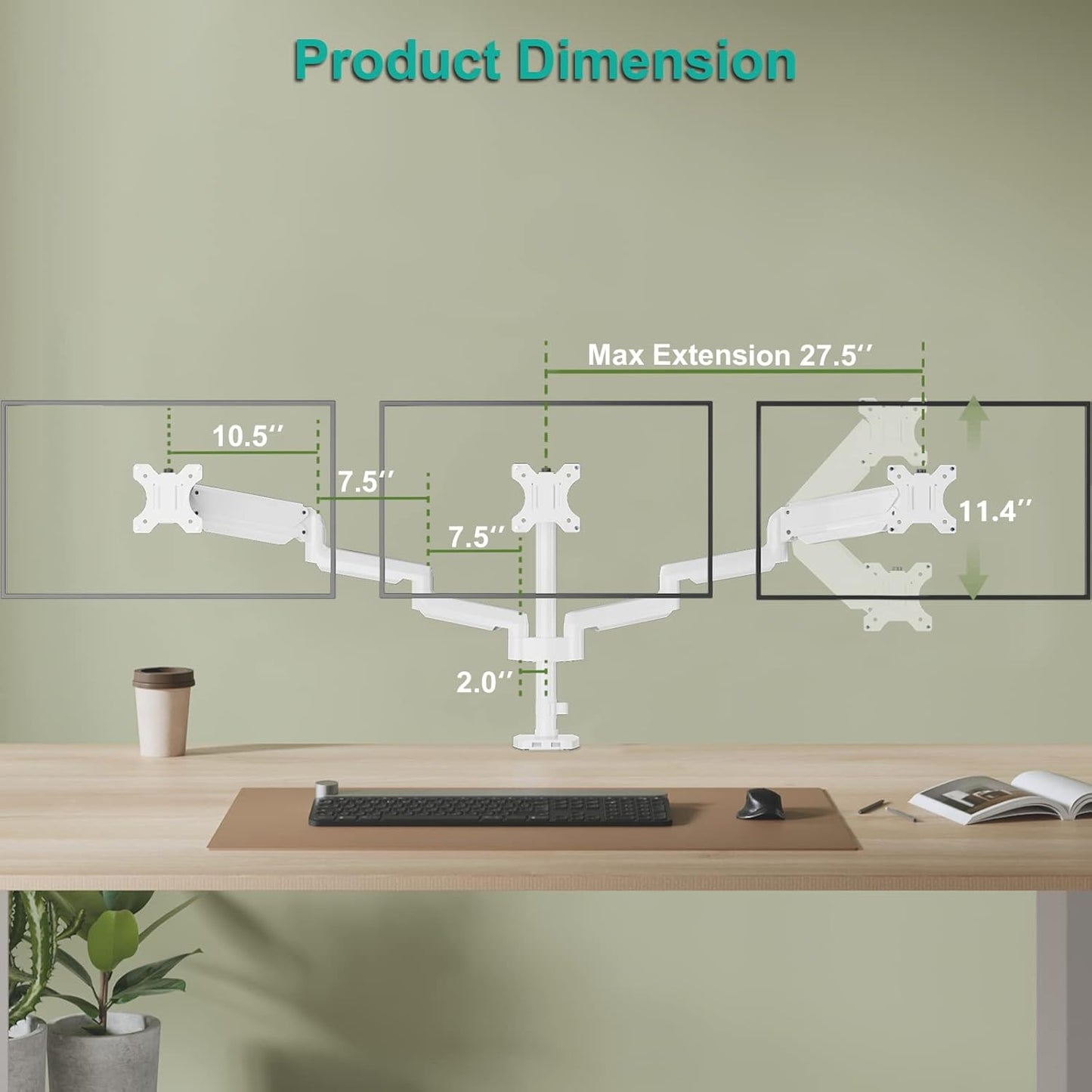 WALI White Triple Monitor Mount, 3 Monitor Desk Mount for Multi Screens from 13 to 27inch with Gas Spring Arm, Fully Adjustment Arm with Tilt, Swivel, Rotate VESA Mount 75x75,100x100mm(GSDM003W-U)