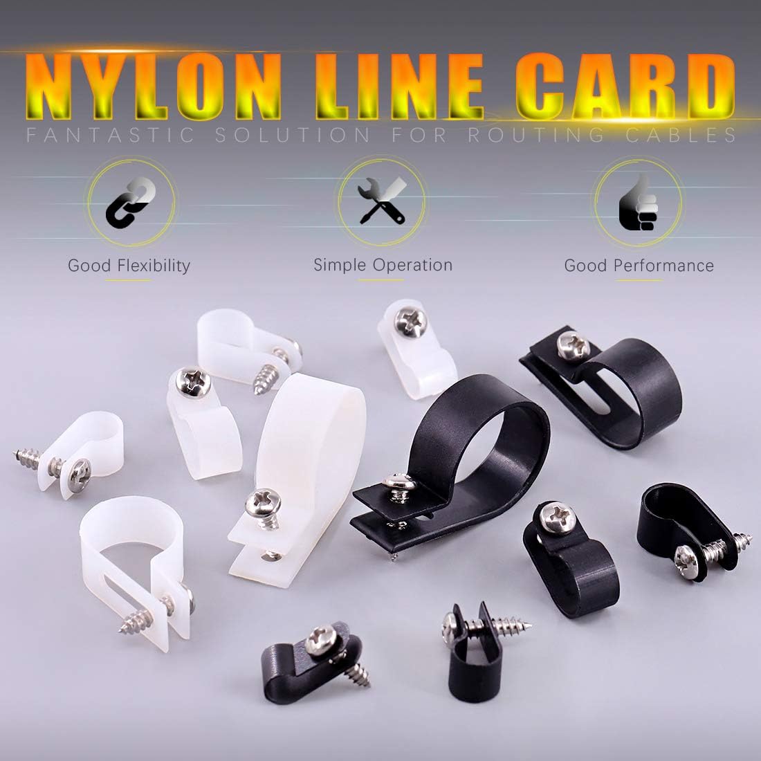 Swpeet 135 Pack 6 Sizes White+Black Nylon Plastic R-Type Cable Clips Clamp Assortment Kit, 3/16" 1/4" 3/8" 1/2" 3/4" 1" Nylon Screw Mounting Cord Fastener Clips with 135Pcs Screws for Wire Management
