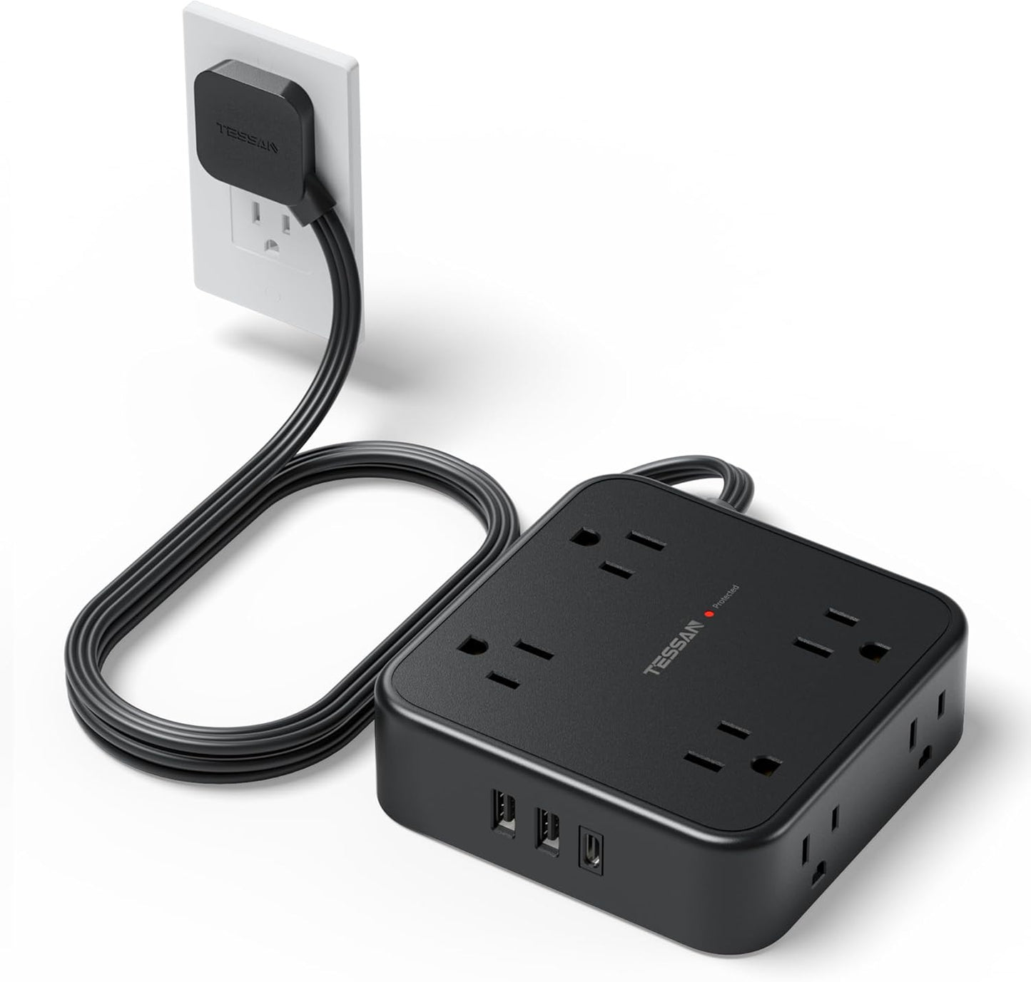 TESSAN Surge Protector Flat Plug Power Strip, Black Extension Cord, 8 AC Outlets, 3 USB Charger(1 USB C Port) 3 Side Outlet Extender, 5 Ft, 900 Joules Protection, Office Supplies, Dorm Essentials