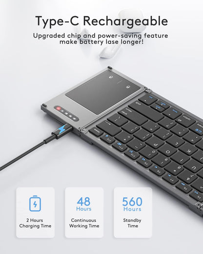 Samsers Foldable Bluetooth Keyboard with Touchpad, Full-Size Wireless Folding Holder, Rechargeable Portable Travel for iOS Android Windows Mac OS, Support 3 Devices (BT5.1 x 3)