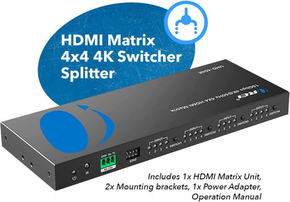 OREI 4x4 4K HDMI Matrix Switcher Splitter, (4-Input, 4-Output) Switch with Remote Control Auto Downscale 4K to 1080p, HDR10 Support (UHD-404R)