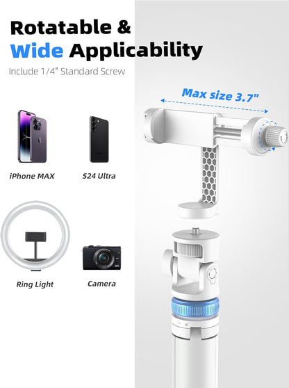 Kaiess 62" Phone Tripod & Selfie Stick, Extendable Photography Light Stand with Wireless Remote, Solidest, Portable, Lightweight, Compatible with iPhone/Android Phone (White)