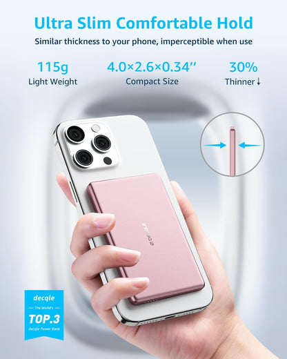 “Air” Power Bank for MagSafe 5000mAh, Ultra Slim Magnetic Wireless Portable Battery Charger Case with USB-C Cable, Compatible with iPhone 17/16/15/14/13/12 Series Only (Pink)