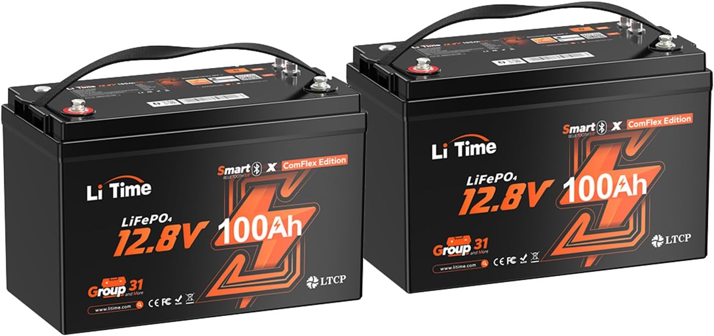 LiTime 12V 100Ah LiFePO4 Group 31 Battery, Compatible with Victron, Built-in 100A BMS & Bluetooth, Low-Temperature Protection, CAN/RS485 Communication, Ideal for Trolling Motors, Marine, RV (2Pack)