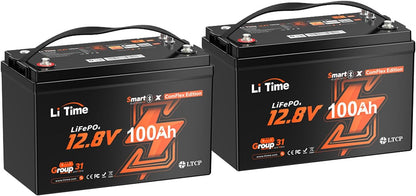 LiTime 12V 100Ah LiFePO4 Group 31 Battery, Compatible with Victron, Built-in 100A BMS & Bluetooth, Low-Temperature Protection, CAN/RS485 Communication, Ideal for Trolling Motors, Marine, RV (2Pack)