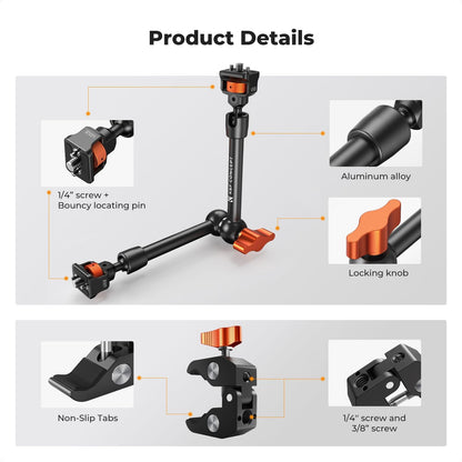 K&F CONCEPT 11" Magic Arm 1/4" Screw 360° Ball Heads Articulating Friction Camera Arm Mount for Monitor, LED Light, Webcam, Microphone, Camera Cage