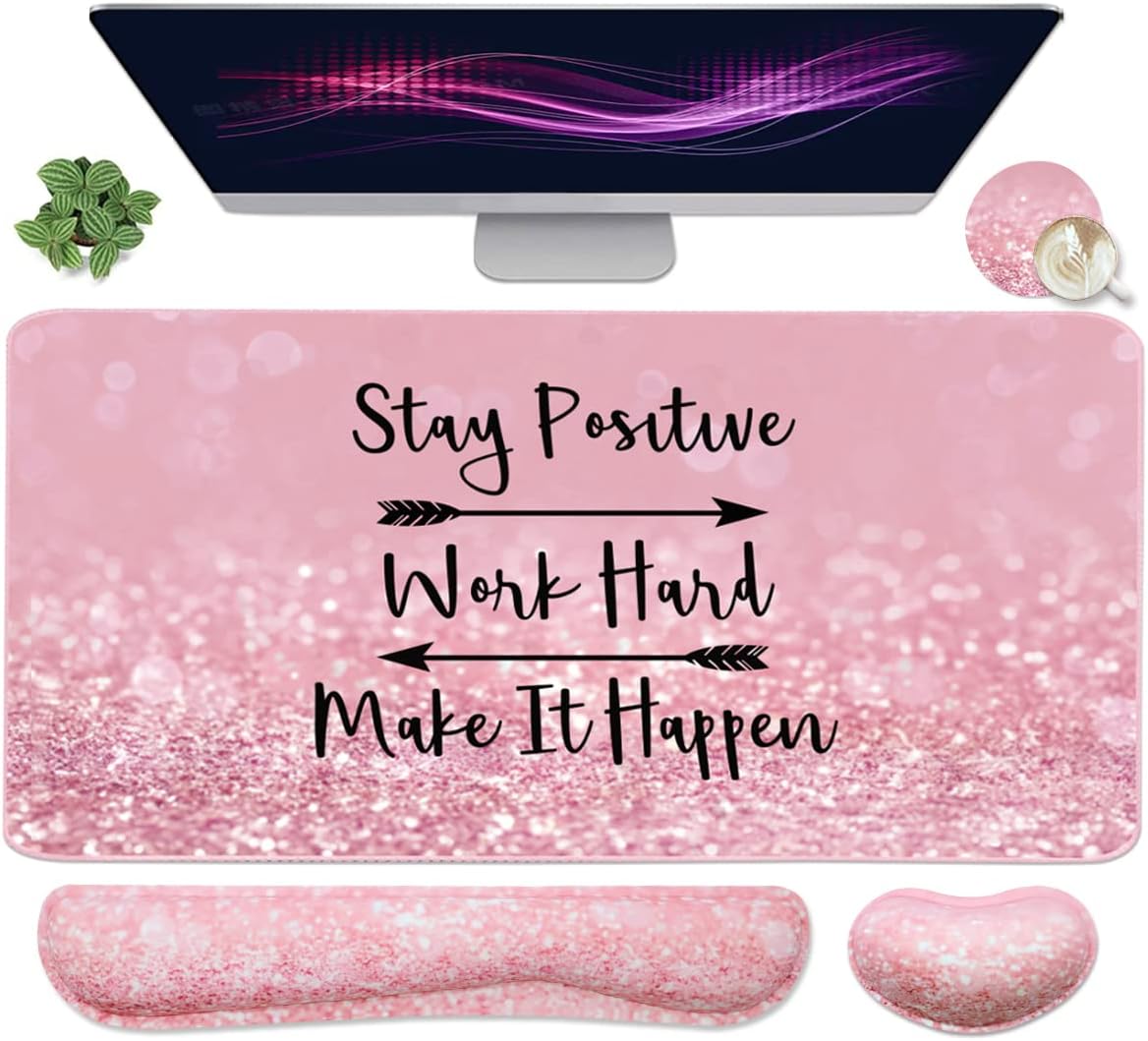 Large Mouse Pad and Keyboard Wrist Rest, Desk Pad for Keyboard and Mouse, 4-in-1 Large Gaming Mouse Pad with Wrist Support, Desk Mat for Home Office Study Game-Pink Stay Positive