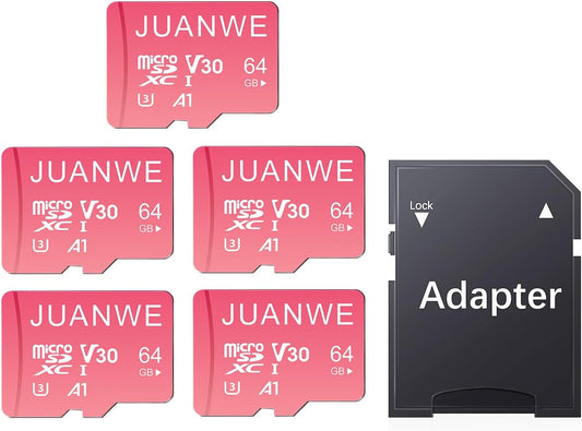 JUANWE 64GB Micro SD Card 5 Pack with SD Adapter 64GB SD Card Memory Card Class 10 microSDXC V30 4K Video Recording U3 A1 TF Card for Dash Cam, Camera, Phone